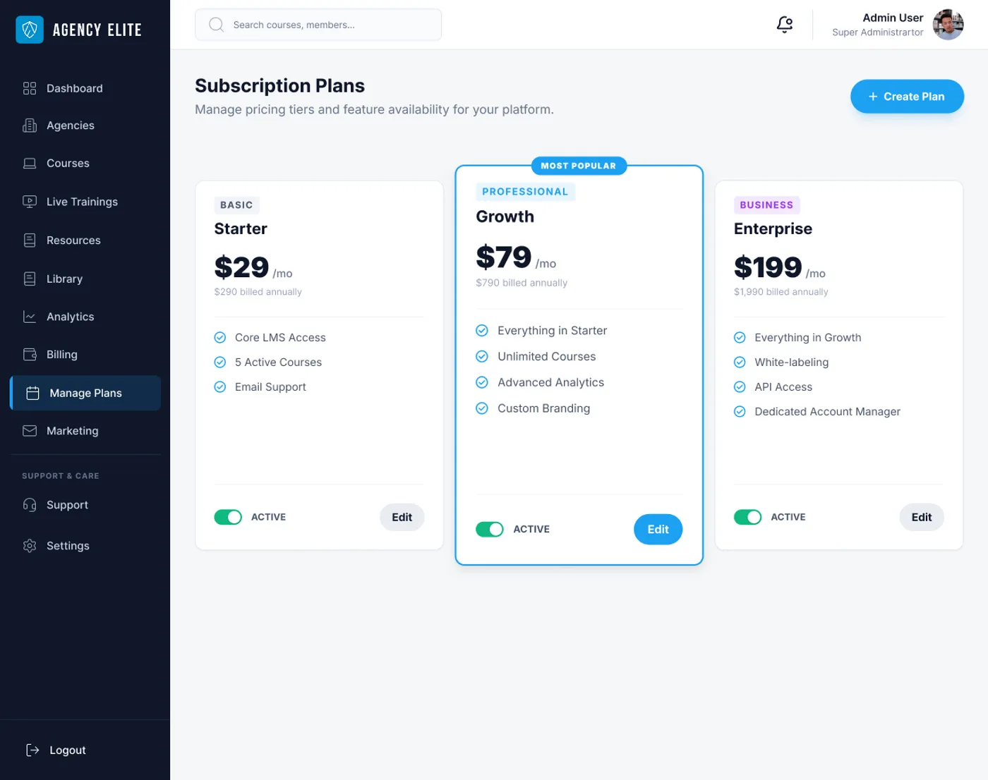 Configurable pricing tiers — Starter, Growth, Enterprise — with custom features per plan